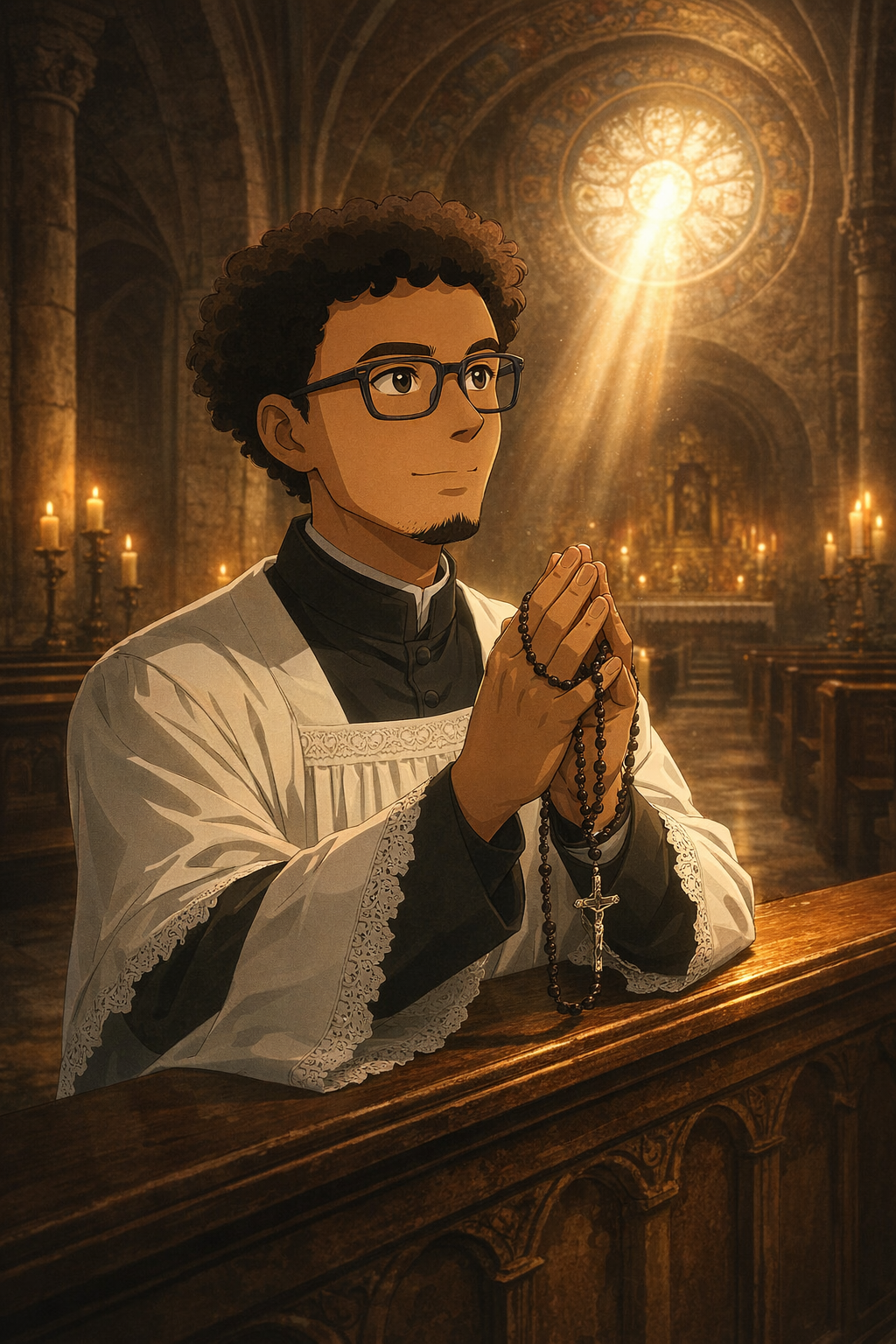 um jovem negro com cabelo cacheado e óculos, ajoelhado e rezando com um terço em uma igreja gótica detalhada. Ele usa uma batina e uma sobrepeliz branca, com um raio de sol radiante vindo de uma rosácea no fundo, criando uma atmosfera espiritual. A composição transmite sentimentos de paz, fé e devoção.