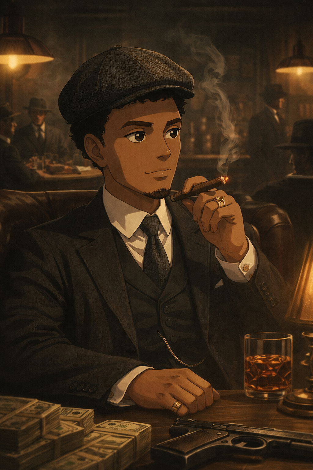 Ville Shelby fumando um charuto e bebendo um whisky