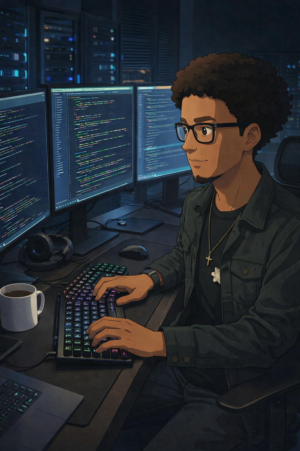 um jovem negro com cabelo cacheado e óculos, codando na imersão alura